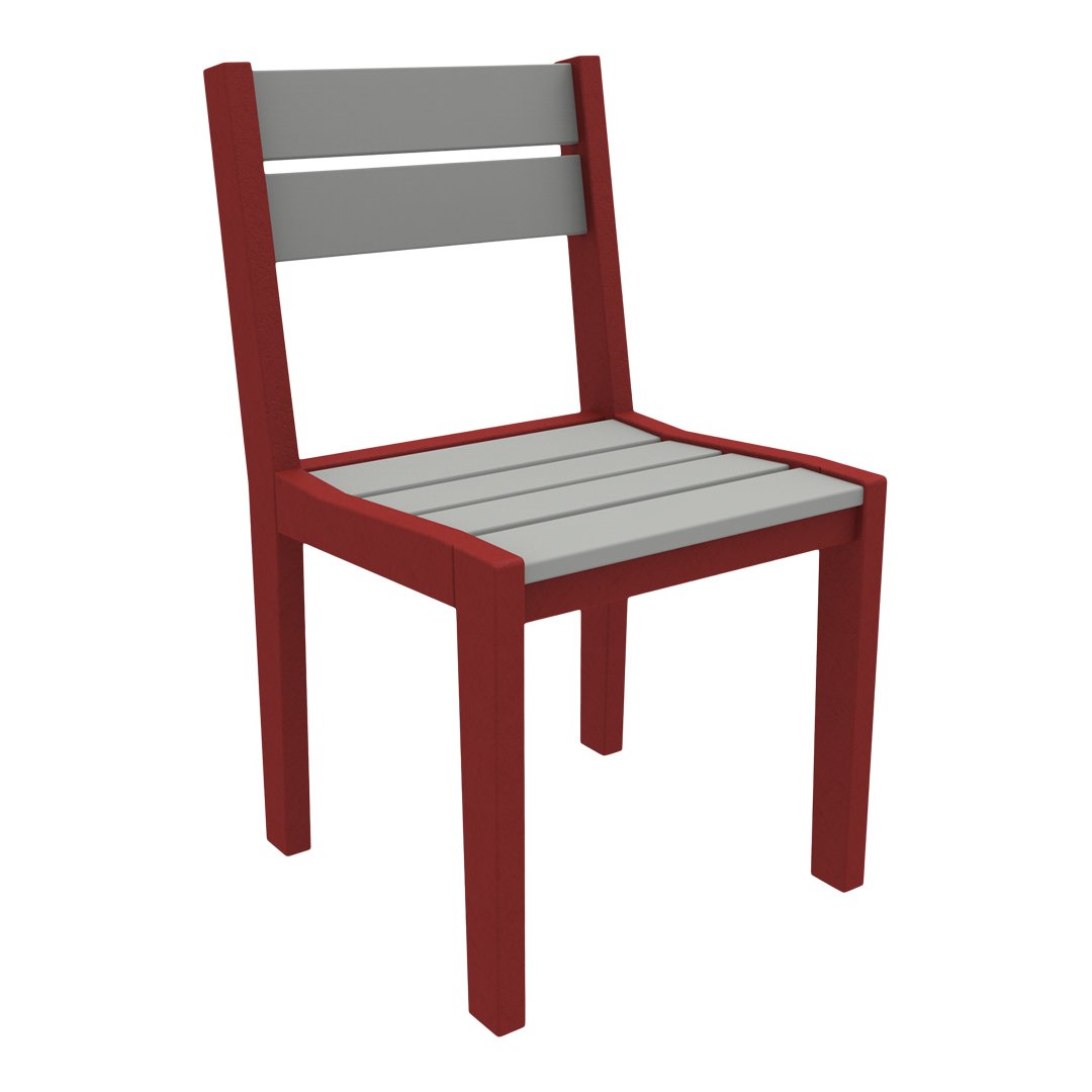 Red and gray wooden chair with a slatted seat and backrest design. Ideal for modern outdoor or indoor decor.