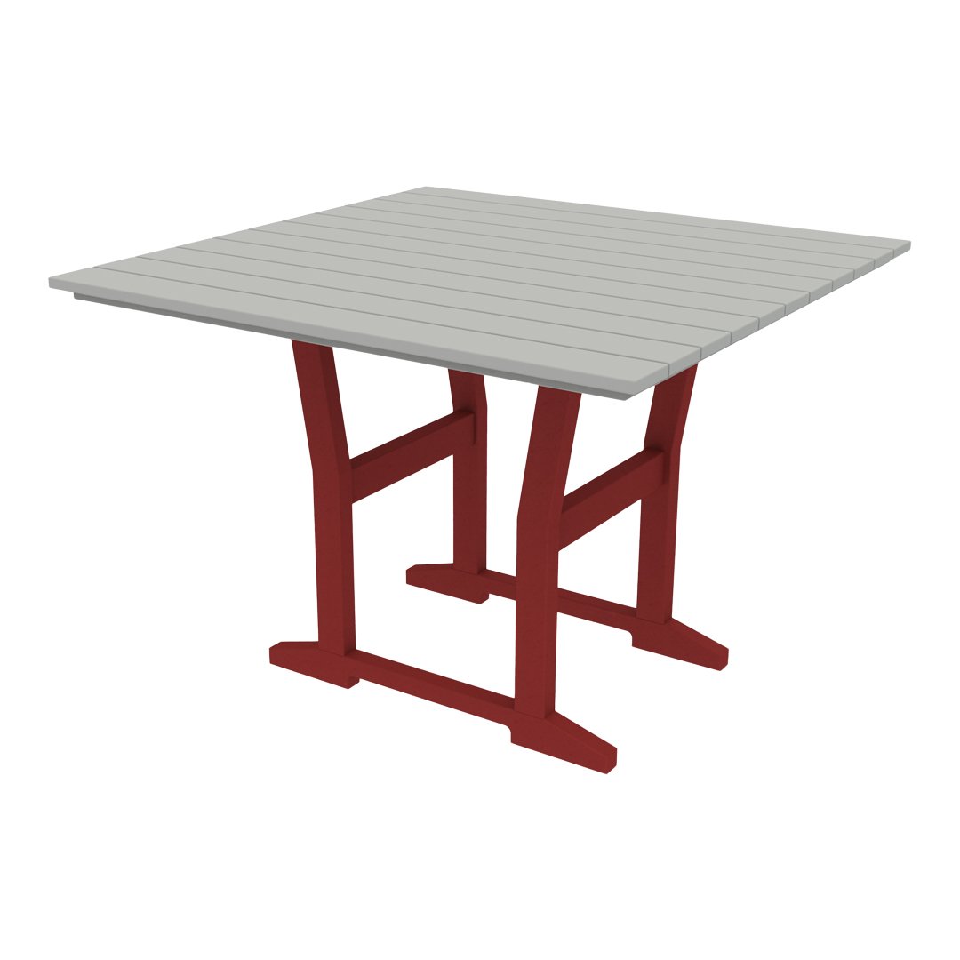 Red and gray outdoor table with slatted top, perfect for patio or garden settings.