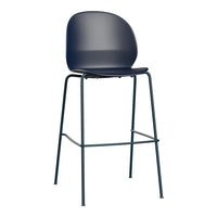 Navy blue bar stool with a sleek minimalist design and smooth curved seat, supported by a slender metal frame.