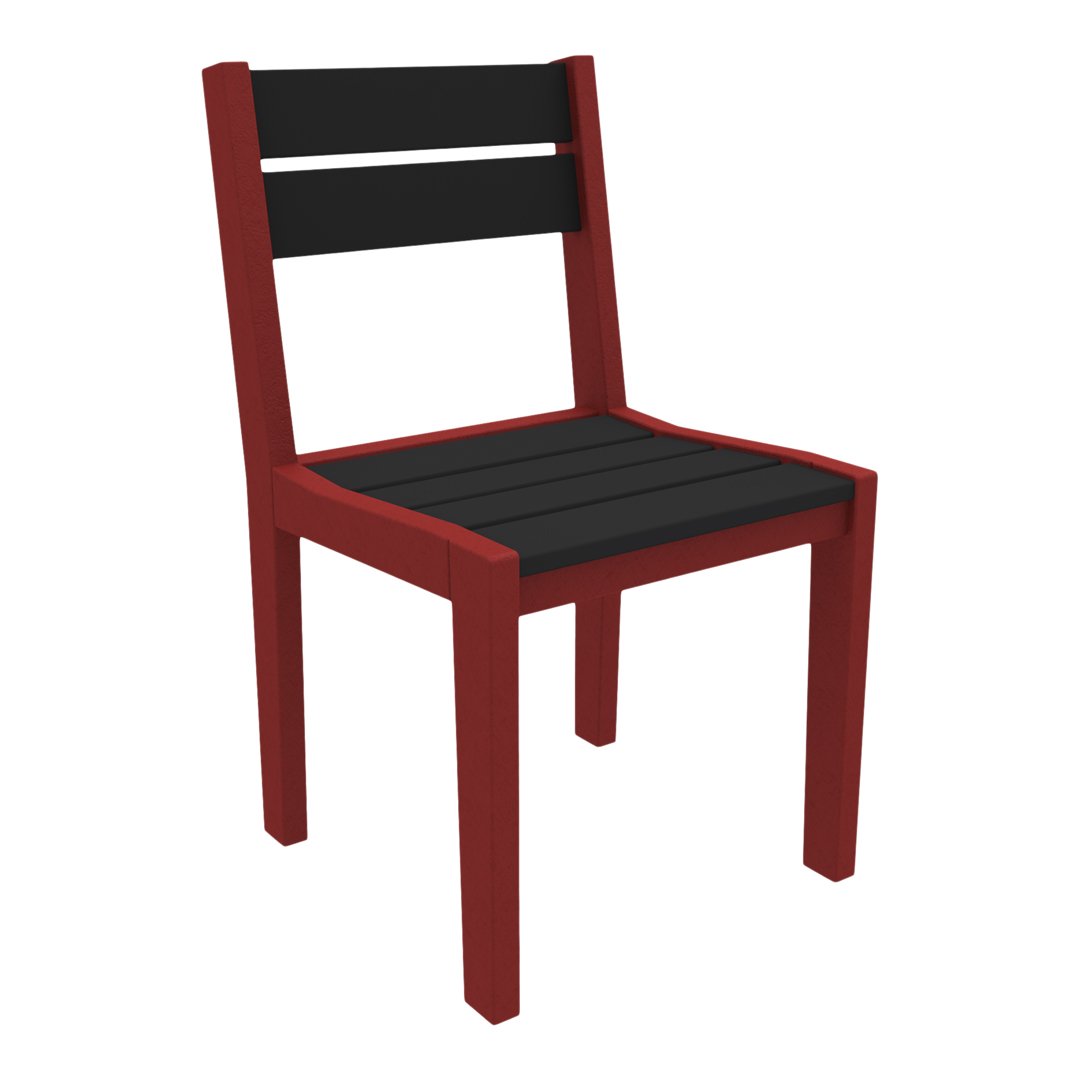 Red and black slatted dining chair with a modern design and sleek finish. Ideal for stylish outdoor or indoor seating.