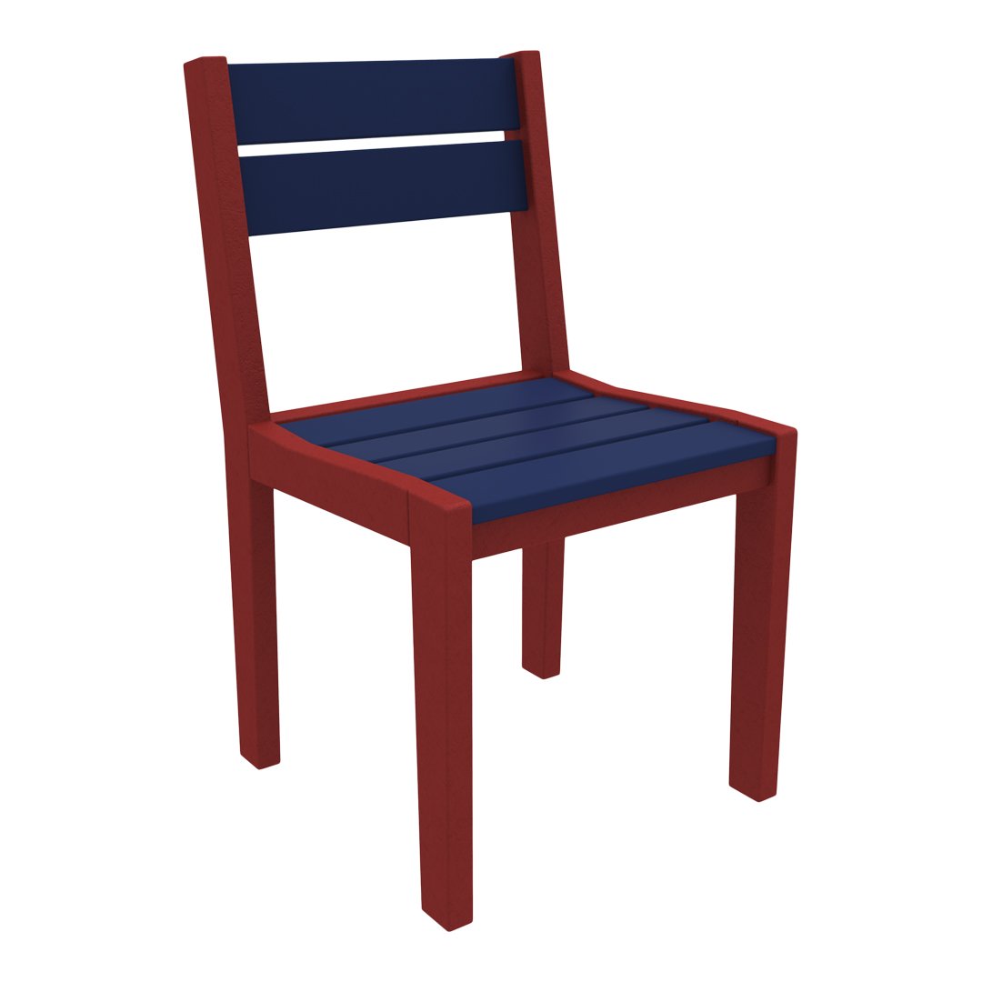 Red and navy blue wooden chair with a sleek, modern design and horizontal slats. Perfect for outdoor or indoor use.