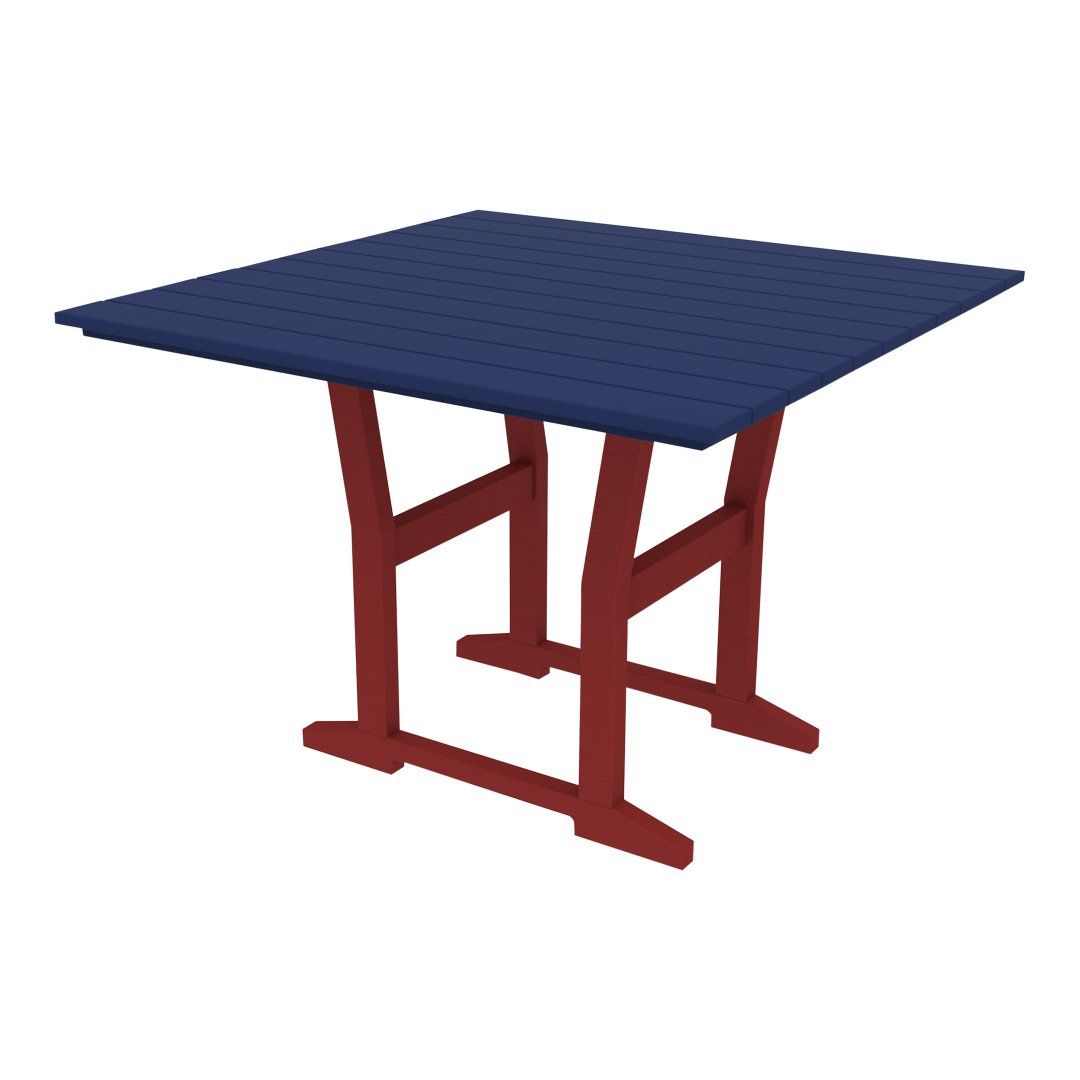 Navy blue slatted top with a red base, modern square table design perfect for outdoor settings.