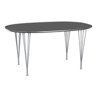 Sleek oval black table with silver metal legs, featuring a minimalist modern design. Perfect for contemporary spaces.