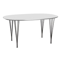 Modern oval table with a sleek white top and black metal legs, featuring a minimalist design for contemporary decor.