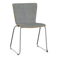 Gray fabric chair with a smooth wooden edge and sleek chrome legs, featuring a modern minimalist design.