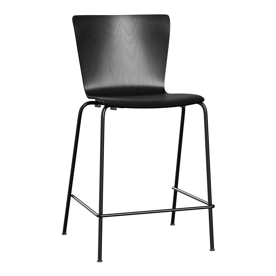 Sleek black wooden bar stool with a minimalist design and metal frame. Simple and modern aesthetic.