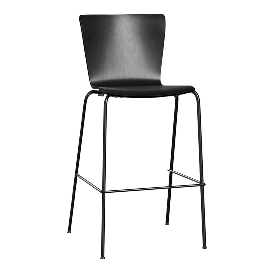 Black wooden bar stool with a minimalist design and sleek black metal legs for a modern look.