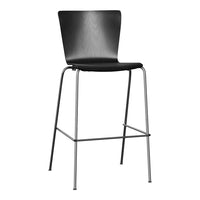 Black wooden bar stool with a sleek design and metal frame, featuring a smooth, minimalist silhouette.