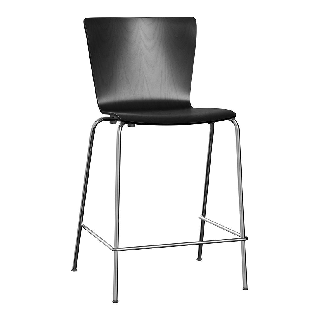 Black wooden bar stool with a sleek design, featuring a smooth surface and chrome legs for a modern look.