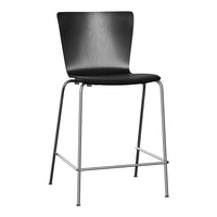 Black wooden bar stool with a sleek design, featuring a smooth surface and chrome legs for a modern look.