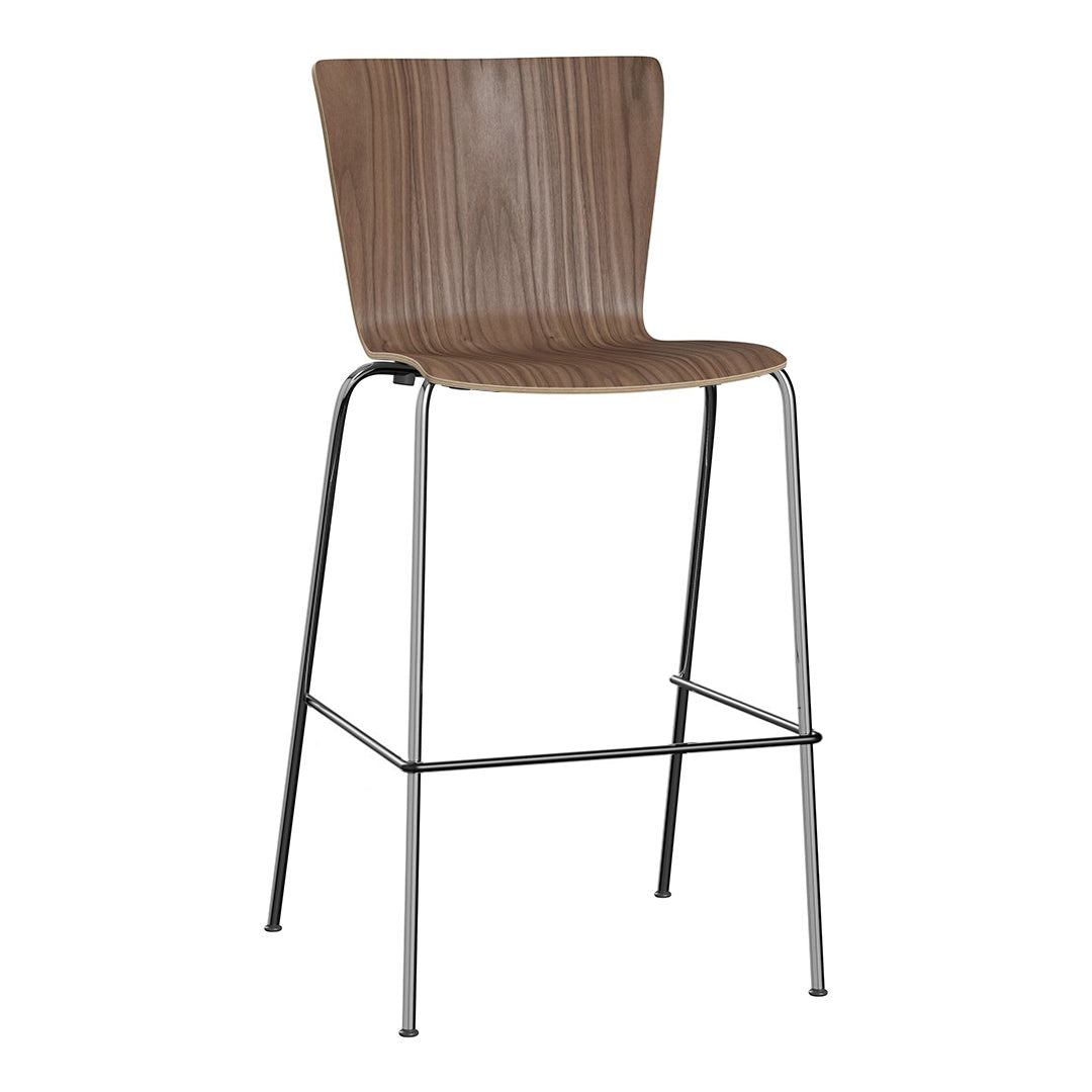 Brown slatted wood seat with metallic chrome legs, offering a modern, minimalist design. Ideal for contemporary spaces.