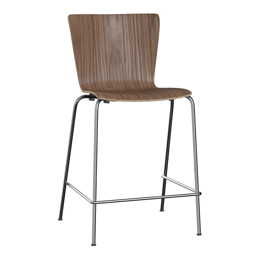 Wooden chair with a sleek brown finish and vertical grooves, complemented by shiny silver metal legs.