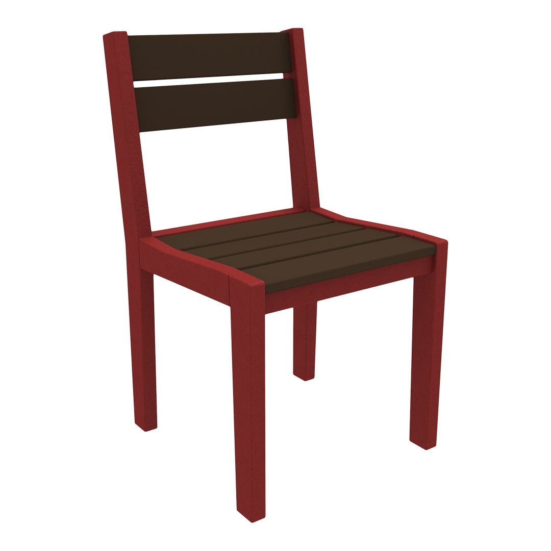 Red chair with dark brown slatted seat and backrest, featuring a modern, minimalist design. Perfect for outdoor or indoor use.