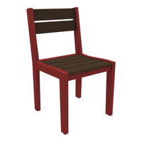 Red chair with dark brown slatted seat and backrest, featuring a modern, minimalist design. Perfect for outdoor or indoor use.