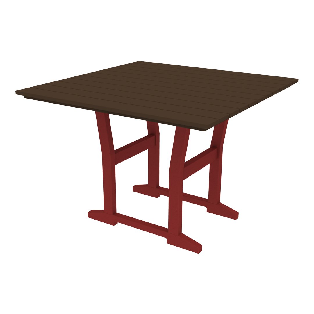 Square table with a rich brown top and a bold red base, featuring a sleek, modern design.