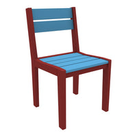 Colorful chair with a blue slatted seat and backrest, complemented by a rich red frame. Ideal for vibrant spaces.