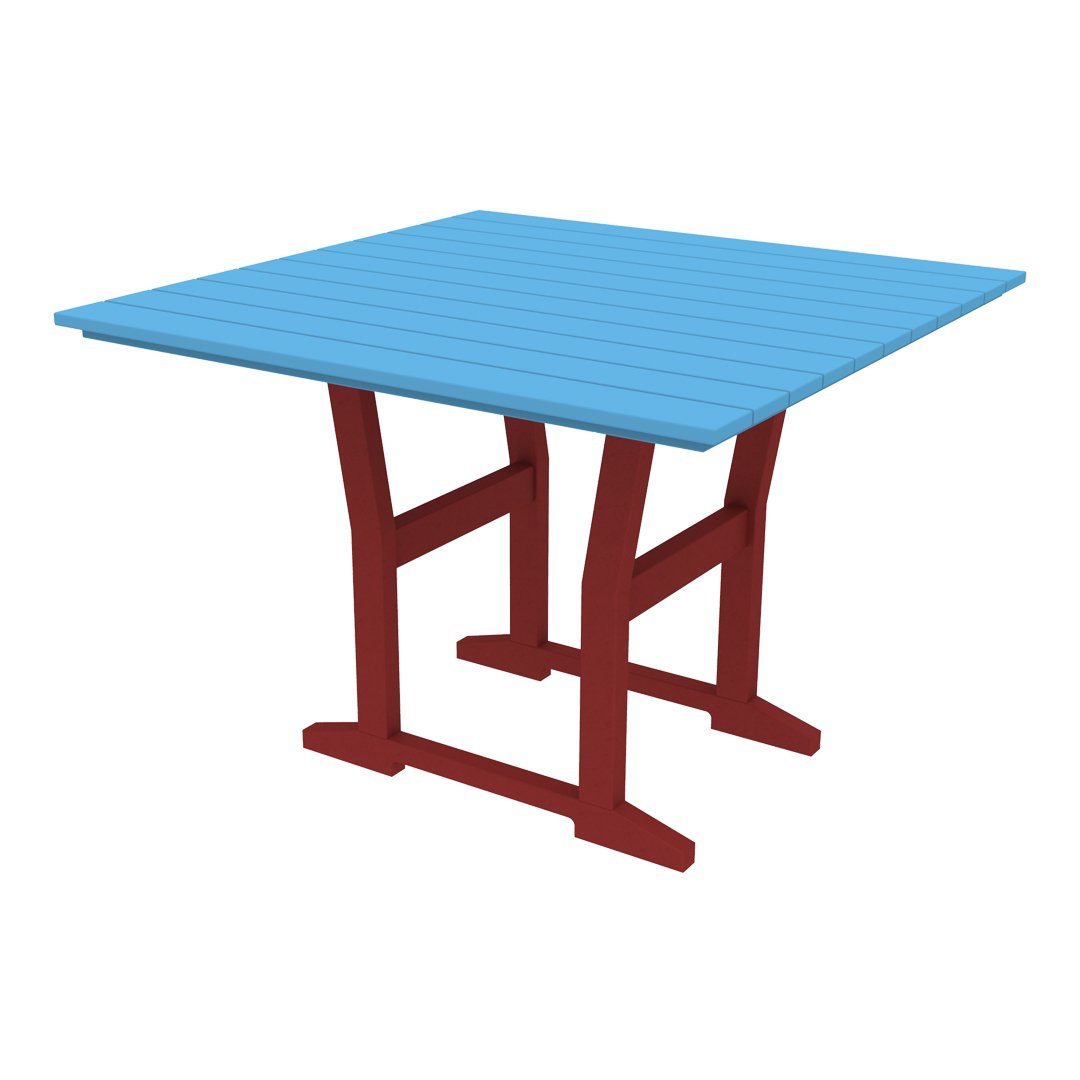 Square table featuring a vibrant blue slatted top and sleek red legs, perfect for modern outdoor decor.