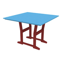Square table featuring a vibrant blue slatted top and sleek red legs, perfect for modern outdoor decor.