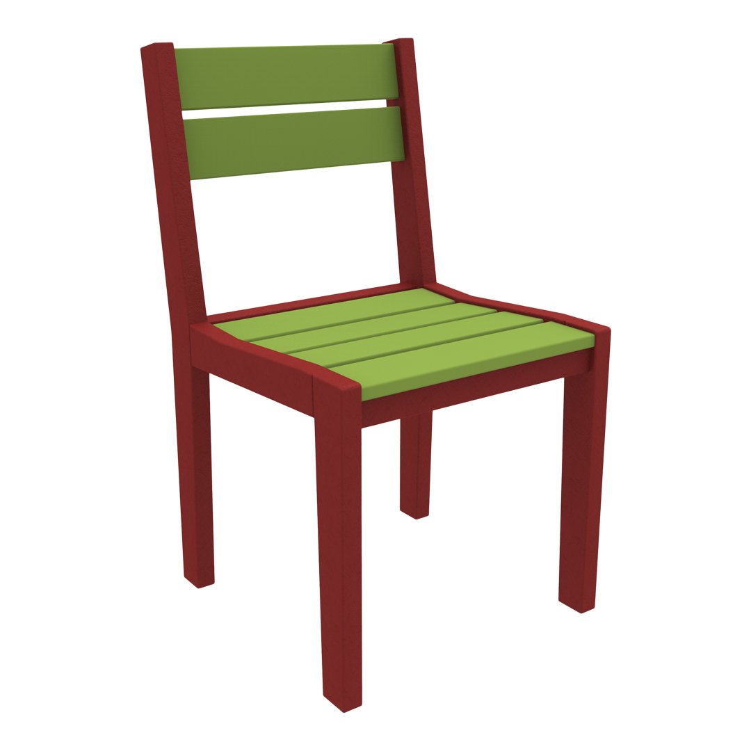 Colorful wooden chair in vibrant green and rich red, featuring a slatted design for a modern look.