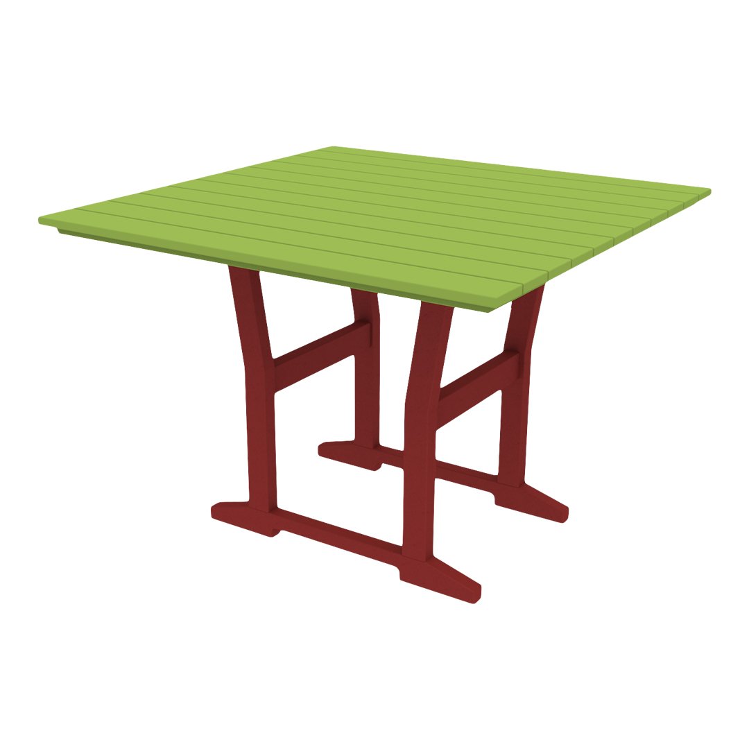 Square outdoor table featuring a vibrant green top and sturdy red legs with a slatted design. Ideal for patio use.