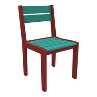 Turquoise slatted seat and backrest with a contrasting red frame. Ideal for vibrant outdoor décor.