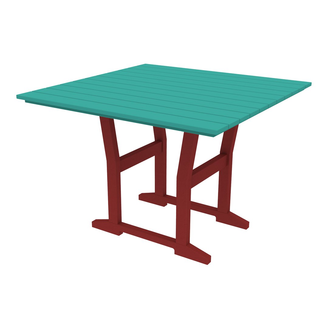 Teal slatted tabletop with red legs, perfect for outdoor dining or casual gatherings.