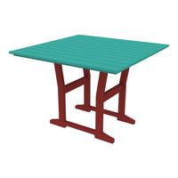 Teal slatted tabletop with red legs, perfect for outdoor dining or casual gatherings.