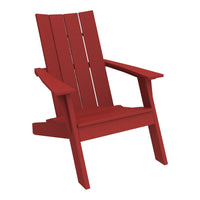 Red adirondack chair with a sleek slatted design, perfect for outdoor relaxation.