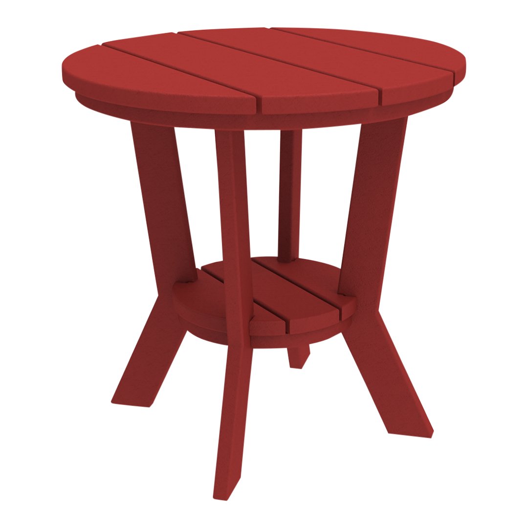 Red round wooden side table with slatted top and sturdy legs, perfect for outdoor or indoor use.