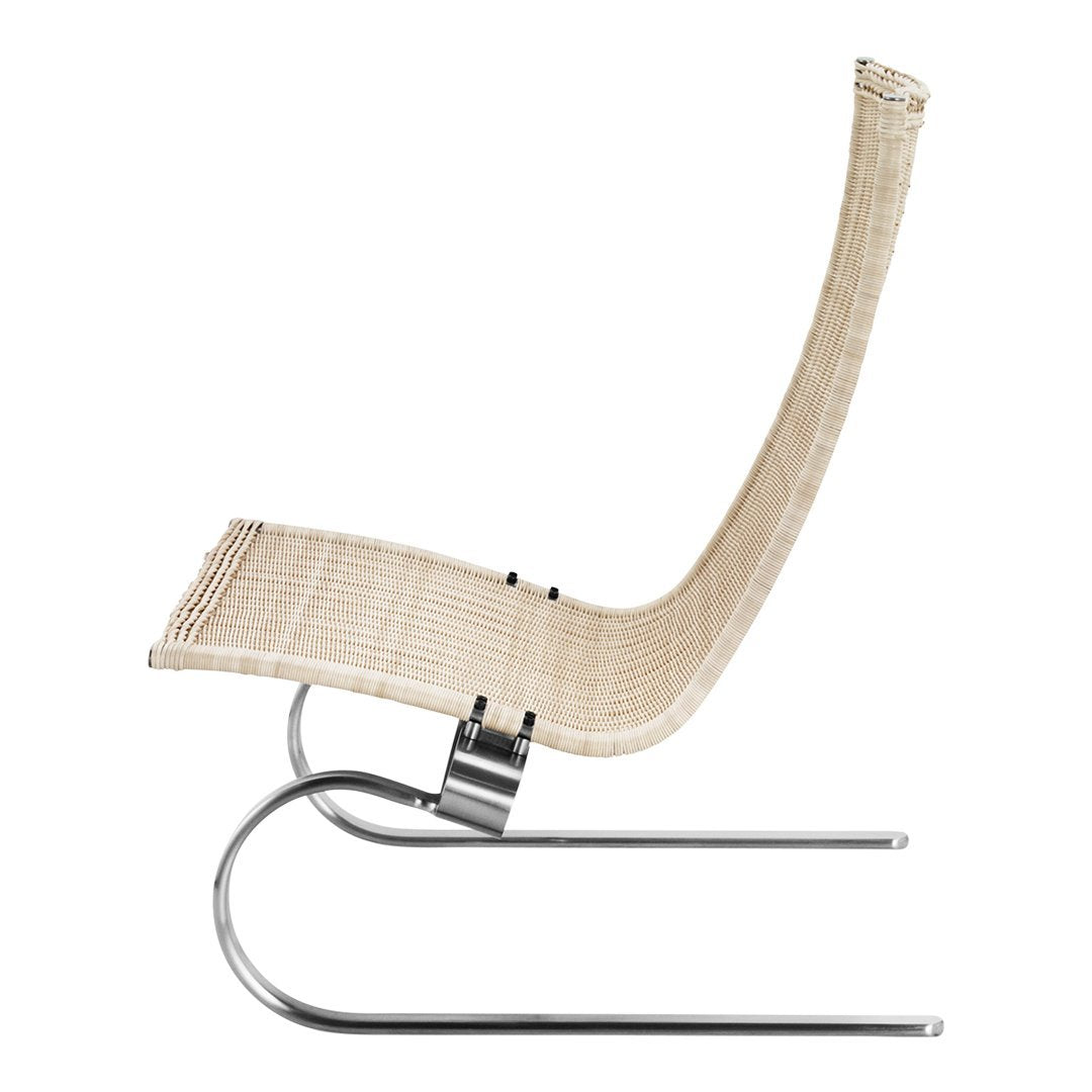 Stylish beige wicker chair with a sleek curved design and chrome base, perfect for modern decor.