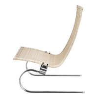 Stylish beige wicker chair with a sleek curved design and chrome base, perfect for modern decor.