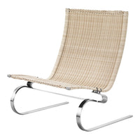 Beige woven chair with a sleek chrome base, featuring a subtle striped pattern for a modern touch.