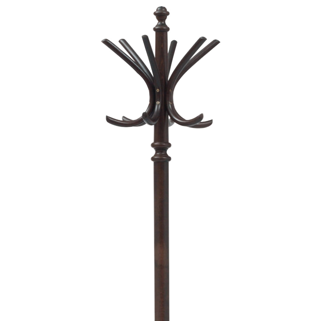 Dark brown coat rack with intricate branching hooks and a classic design. Perfect for any entryway decor.