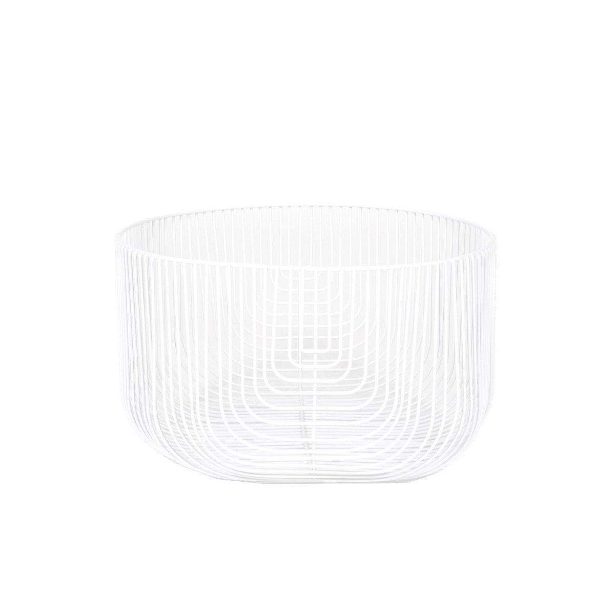 White wire basket with a modern geometric design and open pattern, perfect for stylish storage.