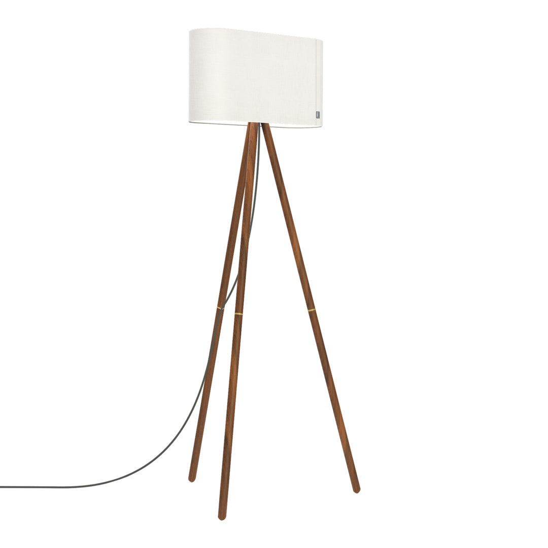 Stylish floor lamp with a white cylindrical shade and natural wood tripod legs. Simple, modern design.