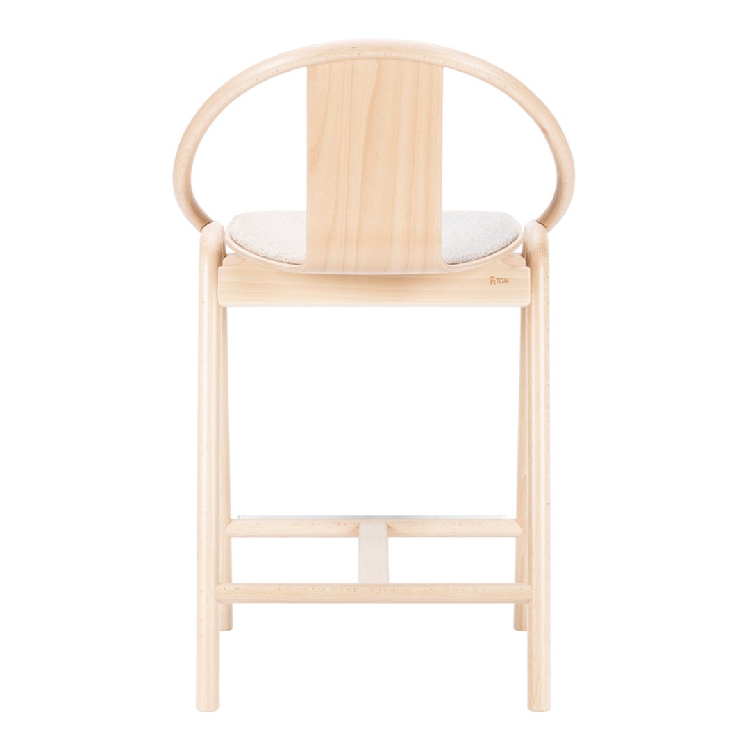 Natural wood bar chair with a light finish and minimalist design. Soft curves and smooth surfaces enhance elegance.