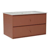 Brown modern vanity with a speckled white countertop, featuring two spacious drawers. Sleek and stylish design.