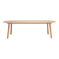 Light wood dining table with a smooth, natural finish and minimalist design, featuring rounded edges and tapered legs.