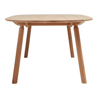 Light wood rectangular table with smooth finish and natural grain patterns, featuring rounded edges and tapered legs.