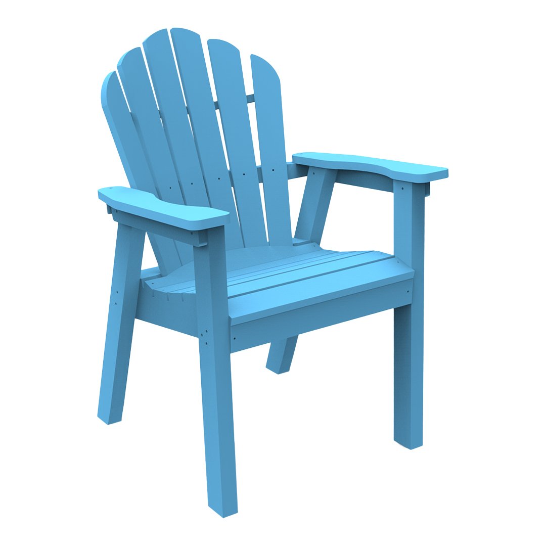 Light blue adirondack chair with a classic slatted back design and sturdy armrests. Ideal for outdoor relaxation.