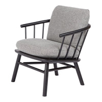 Gray upholstered chair with black wooden frame and sleek, minimalist design. Perfect for modern decor.