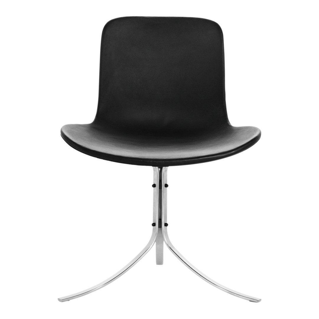 Black minimalist chair with a sleek chrome base, featuring smooth ergonomic curves and a modern design.