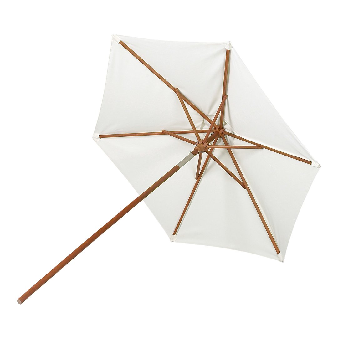 White umbrella with a wooden frame and intricate rib pattern, perfect for beach or garden use.