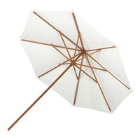 White beach umbrella with a wooden frame and geometric pattern design, perfect for sunny days.