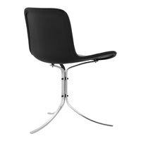 Black minimalist chair with a smooth finish and sleek chrome legs. Elegant design with contemporary styling.
