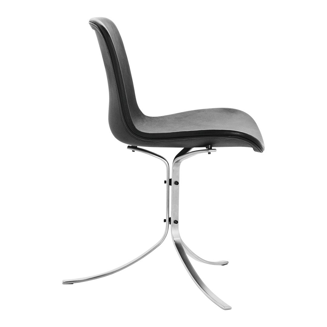 Modern black chair with a smooth curve, featuring a sleek chrome base for a minimalist design.