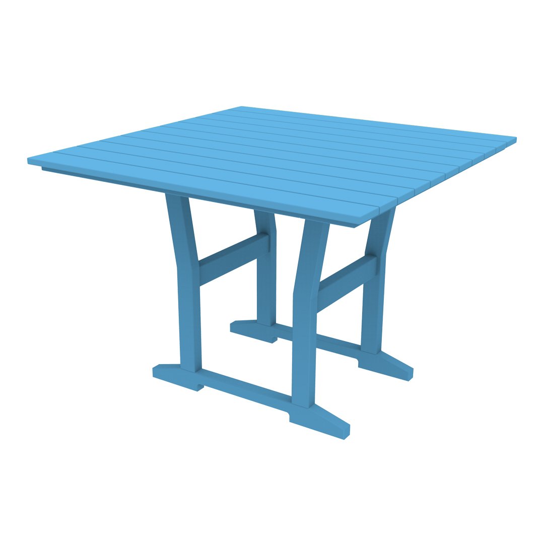 Bright blue square table with a slatted top design, perfect for outdoor dining.