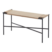 Minimalist black metal bench with a natural beige fabric seat, featuring a clean, simple design and crossbar pattern.