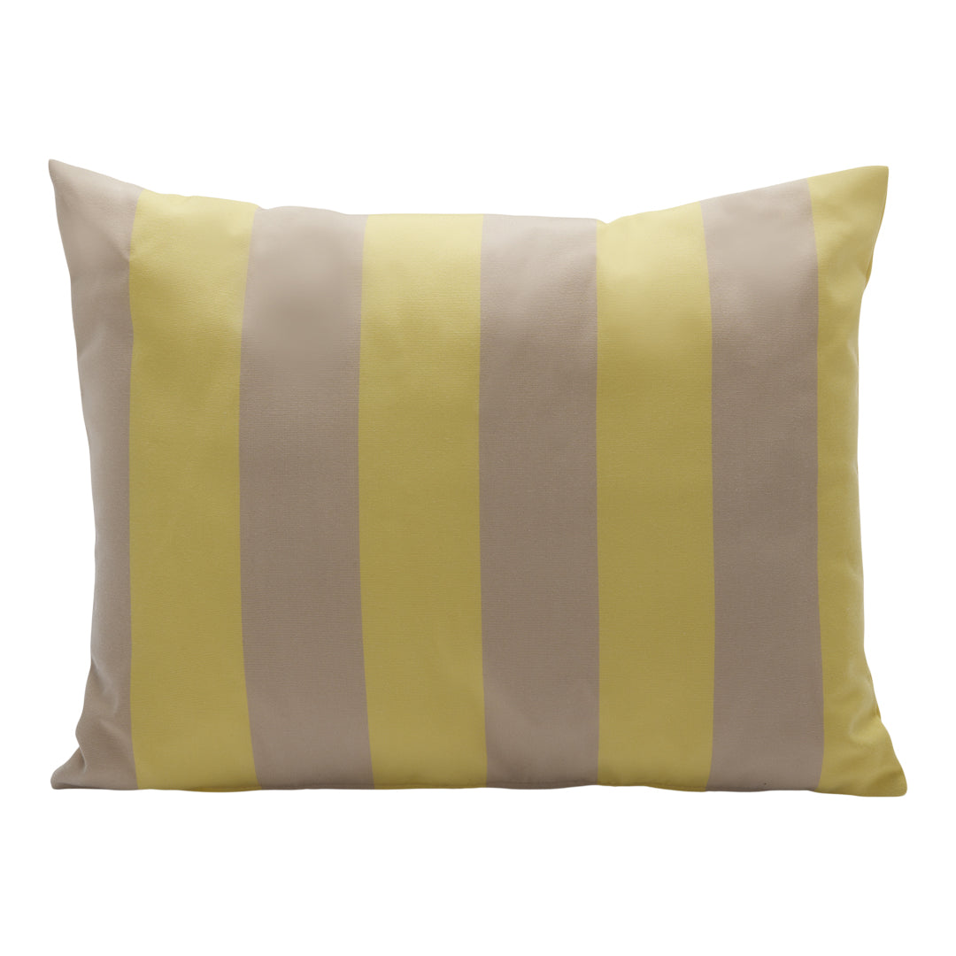 Striped pillow with alternating yellow and beige patterns, perfect for modern decor.