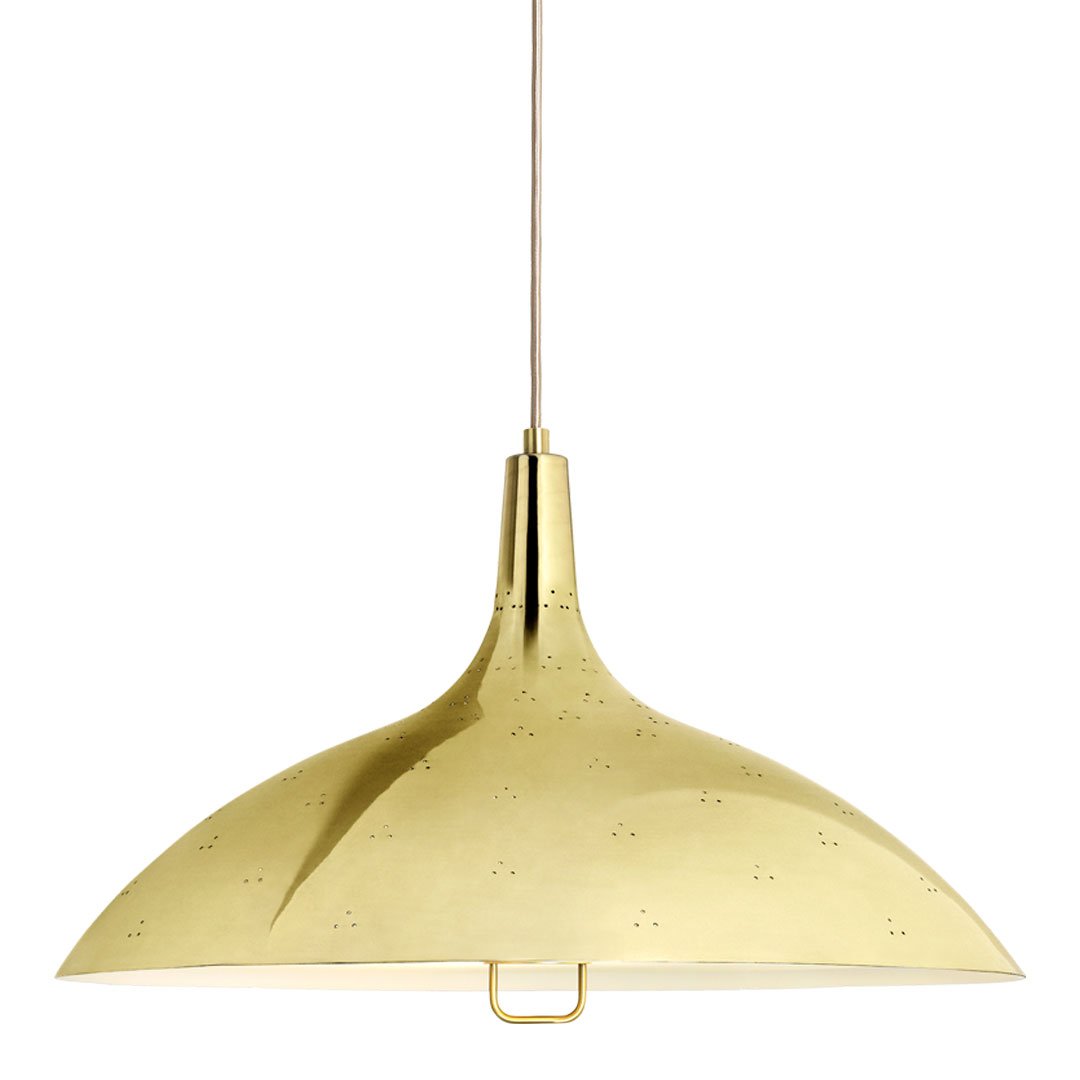 Brushed gold pendant lamp with a sleek, modern design and subtle perforated pattern for added texture.